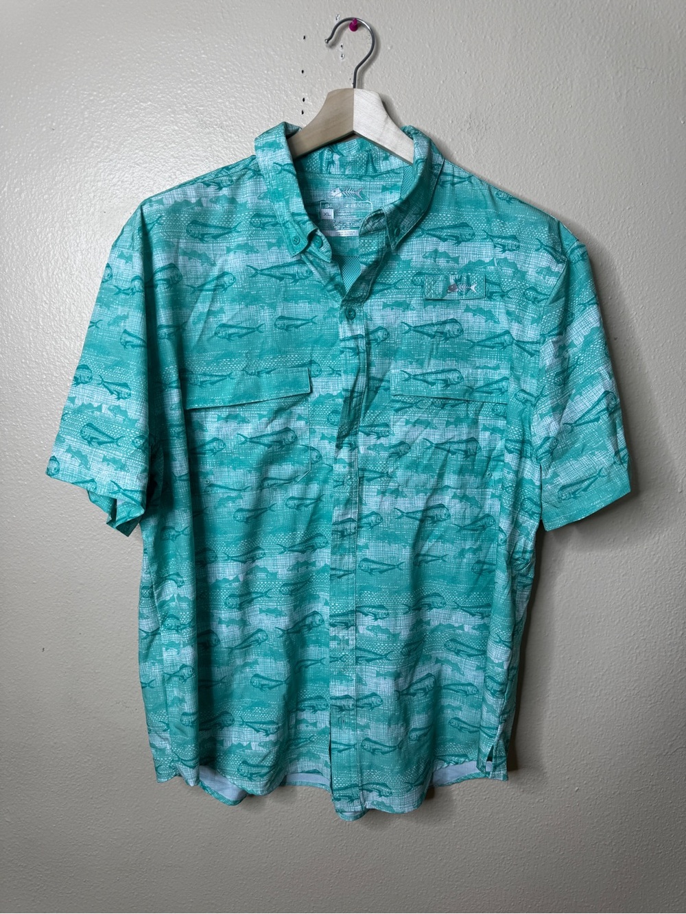 Silver Bait Shirt Men’s XL Green Button Up Fish Print Short Sleeve Outdoors
